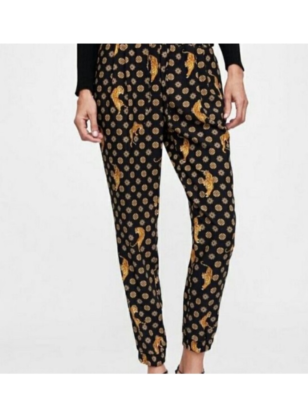 Zara Black Joggers with Gold Tiger & Dot Print Size Medium